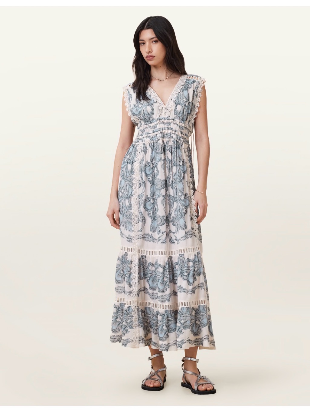Nwt All Saints Cream Maxi Dress With Blue Paisley Print Sz 8